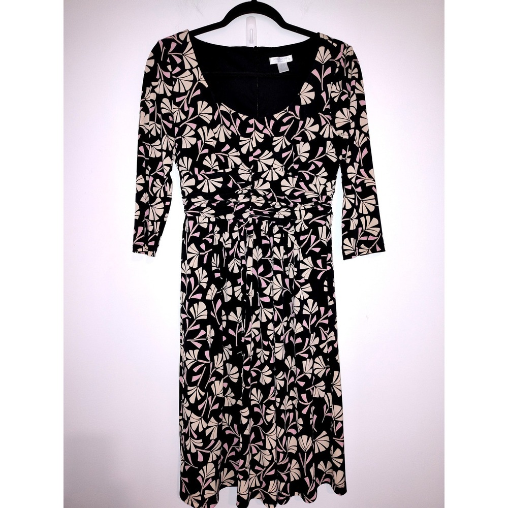 London Times Woman Petite Floral Fan Print Midi Dress Black Pink 6P 3/4 Sleeve
